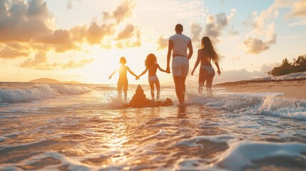 A diverse LGBTQ+ family enjoying a fun day at the beach, building sandcastles and splashing in the waves, with a beautiful sunset in the background