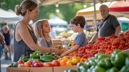 Wall Mural - A day in the life of an LGBTQ+ family at the farmer's market, picking out fresh produce together and enjoying the vibrant atmosphere of the open-air market