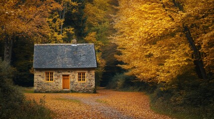 Poster - Stone Cottage Amidst Golden Autumn Forest