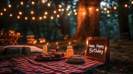 Festive Outdoor Birthday with String Lights Picnic Setup and Happy Birthday Sign