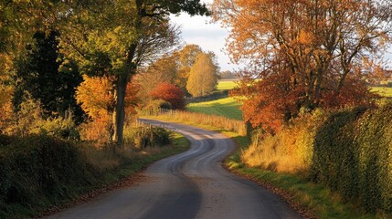 Wall Mural - Winding Country Road Through Autumnal Trees and Lush Green Fields