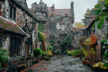 A narrow street with a castle in the background