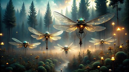 A group of futuristic, glowing drones hovering above a misty forest, soft, ethereal light casting an otherworldly ambiance, with delicate, translucent wings and precise, metallic details.