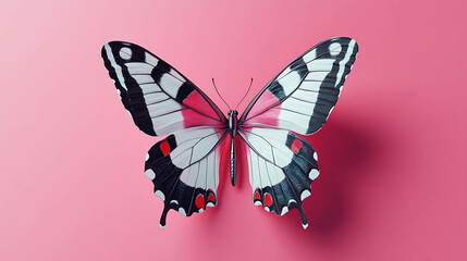 Wall Mural - Black, white, and pink butterfly on a pink background.