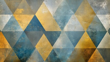 Fototapete - Ethereal triangles in gold, blue, and grey form a harmonious abstract pattern, creating a calming background.