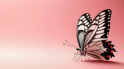 Wall Mural - A black, white, and red butterfly with wings spread on a soft pink background.