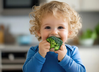 Canvas Print - A cute toddler with curly blonde hair and blue eyes, wearing a long-sleeved navy striped shirt, is happily eating broccoli at home.