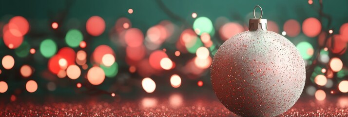 A 3D render of a frosted Christmas ornament with a shimmering effect, surrounded by a blurred background of red and green lights