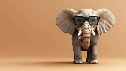 Wall Mural - A cartoon elephant wearing black framed glasses against a brown background.