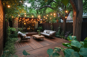 Wall Mural - A modern backyard with a wooden deck, a seating area, and garden furniture, string lights, and lush greenery surrounding the yard.