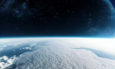 Wall Mural - A breathtaking view of Earth’s curved horizon seen from outer space, with a starry sky above.