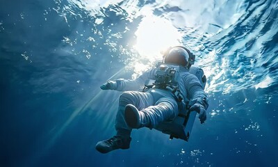 Wall Mural - astronaut in a space suit floating underwater, surrounded by light beams.