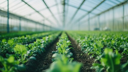 Poster - Rows of crops grow inside a high-tech industrial greenhouse, emphasizing sustainable agriculture in the field.