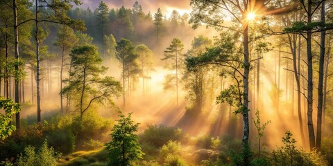 A serene and intimate portrait of a morning forest, with soft, warm light filtering through the misty veil, highlighting the delicate textures of the foliage.