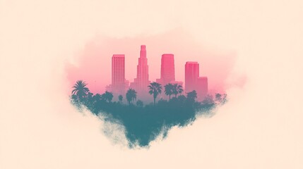 Stylized skyline of Los Angeles at sunset with pink hues and palm trees in the foreground.