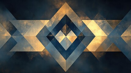 Fototapete - Symmetrical geometric design with gold, blue, and grey triangles, evoking a serene, abstract atmosphere.