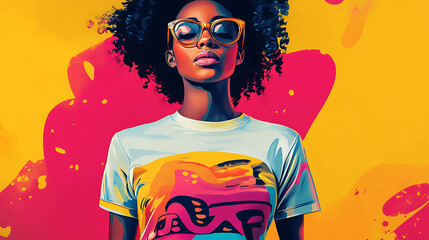 A woman with curly hair and sunglasses wearing a colorful graphic tee.