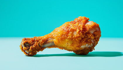 Wall Mural - A crispy fried chicken drumstick on a bright turquoise background, showcasing its texture and color for food photography.