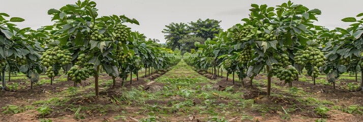 Canvas Print - Clusters of green unripe fruits hang from papaya trees in a tropical orchard, where the ground is sparsely covered with vegetation and natural debris, and the trees are neatly arranged in rows.