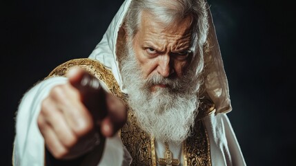 Portrait of an Elderly Man with White Beard and White Robe Pointing at Camera