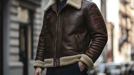 Wall Mural - Close-up of a man wearing a brown leather jacket.