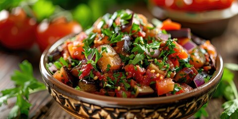 Wall Mural - Eggplant and Tomato Salad in a Bowl - Classic North African Recipe