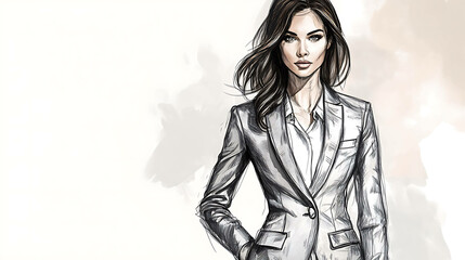 Fashion illustration of a woman in a gray suit jacket.