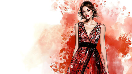 A beautiful woman in a red sequined dress with a black belt, against a watercolor background.