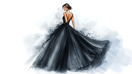 A woman in a black gown, drawn in a digital painting style.