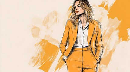 Illustration of a woman in an orange pantsuit.