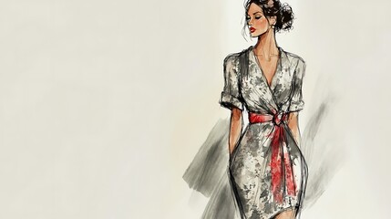 Fashion illustration of a woman in a grey patterned dress with a red sash.