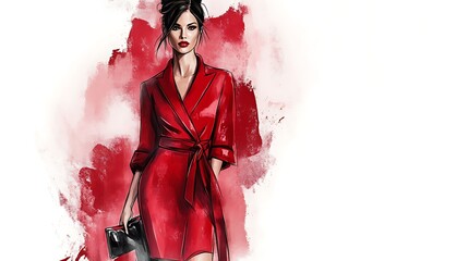 Sticker - Fashion illustration of a woman wearing a red dress and holding a black clutch.