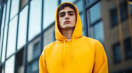 A young man in a yellow hoodie stands against a modern building with a serious expression.