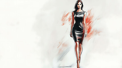 Sticker - A watercolor illustration of a woman wearing a black dress, walking on a white background.