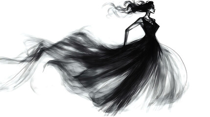 Sticker - Elegant woman in flowing black dress,  artistic sketch.