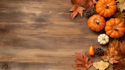 Sticker - Autumn Background with Pumpkins  Fall Leaves and Pine Cones on Wooden Plank