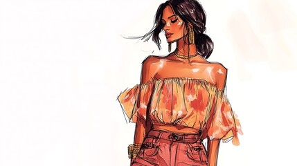 Wall Mural - Fashion illustration of a woman wearing a floral off-the-shoulder top and denim shorts.