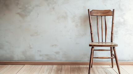 A solitary wooden chair stands in a serene room, highlighting the themes of independence and reflection for older persons. The ambiance is calm and inviting, copy space