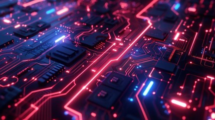 Abstract background with futuristic circuit board design and glowing elements with