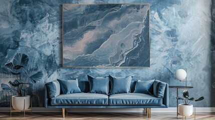 Poster - Home decor with grey and blue textured wall and frame design.