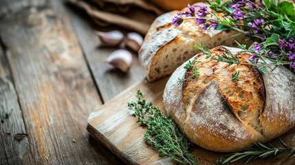 freshly baked bread decorated with a bouquet of herbs