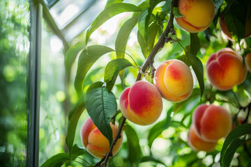 Wall Mural - A close-up of ripe peaches hanging on a branch, illuminated by soft light in a greenhouse setting.