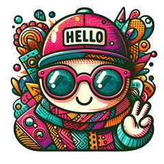 a colorful picture of a person wearing a hat with the word hello on it.