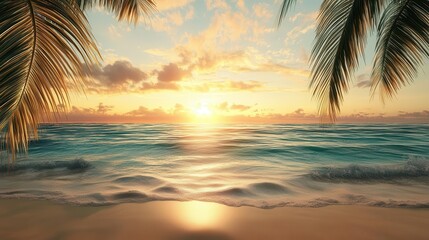 A beautiful beach wallpaper showing a scene with palm trees and a sunset in the background