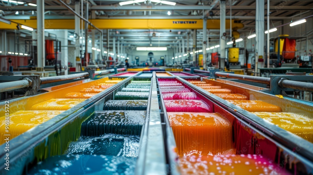 Manufacturing Colors Wide shot of a modern textile manufacturing floor filled with advanced ...