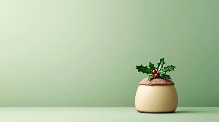 A minimalistic icon of a Christmas pudding with holly on top, isolated on a green background