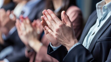 Wall Mural - Indoor of meeting room in office for teamwork of business. Conference place to choose idea for management strategy or successful company. Businessman use hand celebrate for success governance. AIG53.