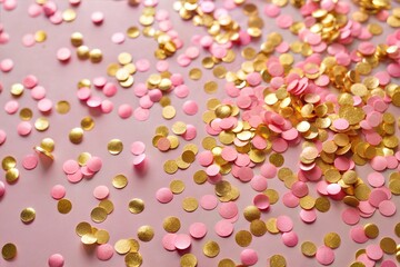 Wall Mural - Close-up of colorful pink and gold confetti scattered on light pink background