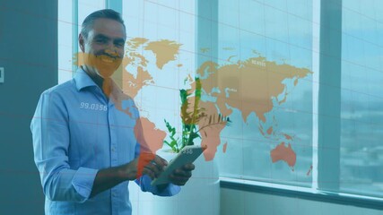 Poster - Animation of world map with data processing over biracial businessman using tablet in office