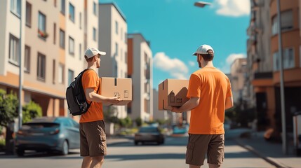 Two delivery workers carry packages while crossing a sunny street in an urban environment. Great for logistics and delivery themes.